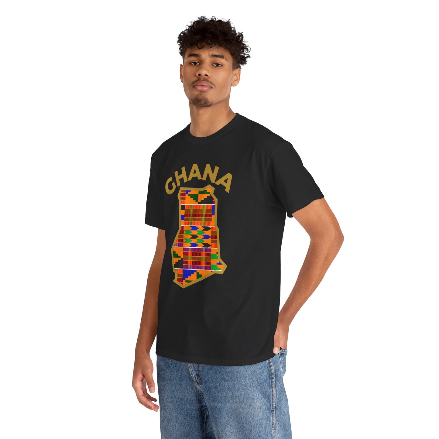 Black Tee Kente Print Gold Outline
