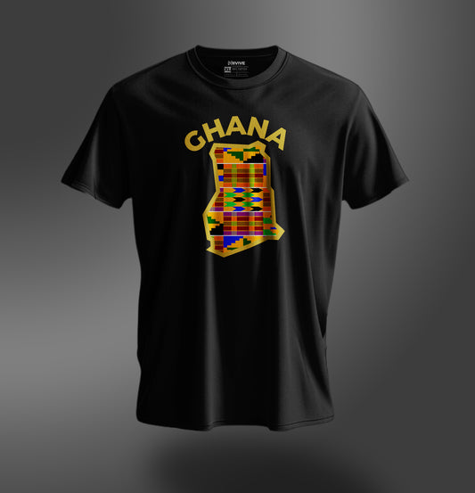 Black Tee Kente Print Gold Outline