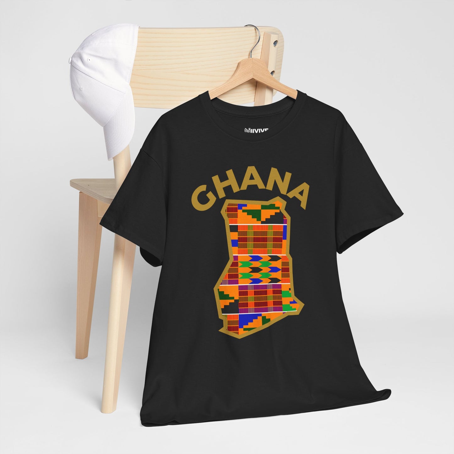Black Tee Kente Print Gold Outline
