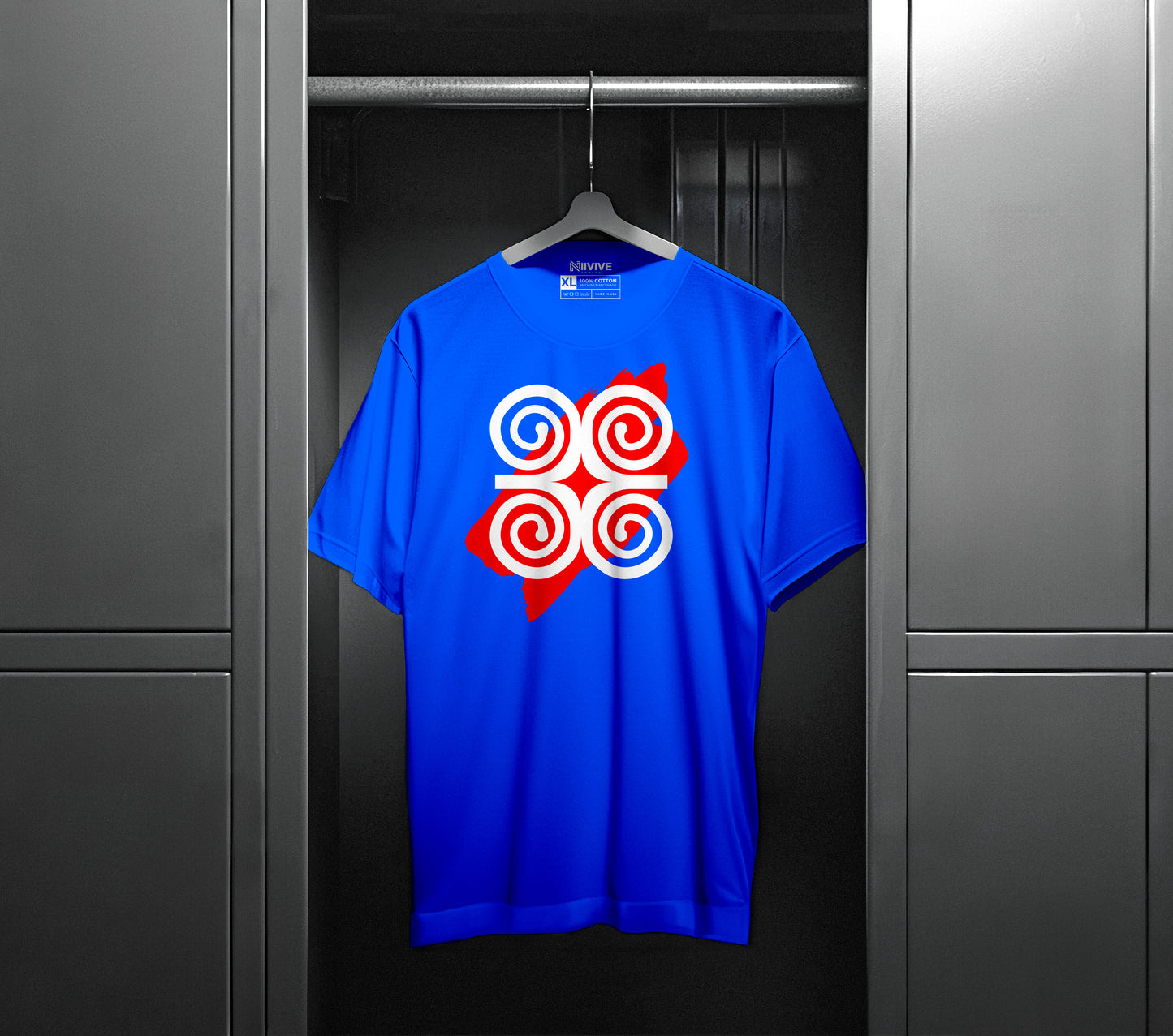 Blue Adinkra Ram's Horn Tee White & Red Print